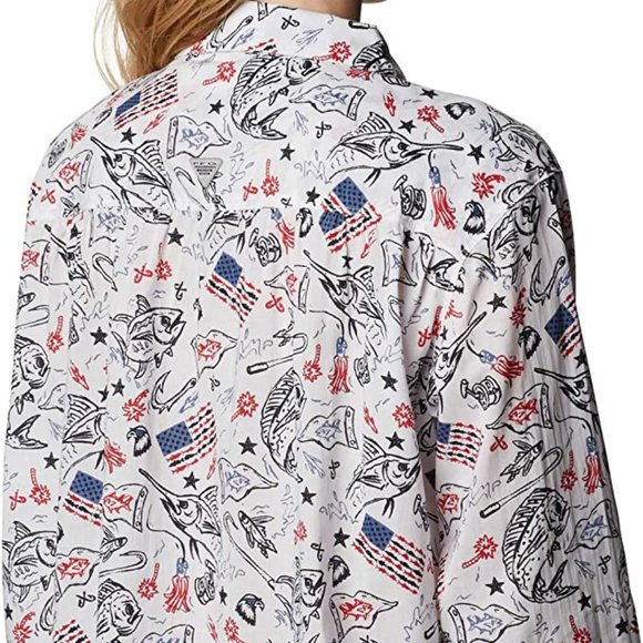 🆕Columbia Women's Slack Water Woven LS Shirt, White Americana Fishing Print,NWT - Picture 5 of 7